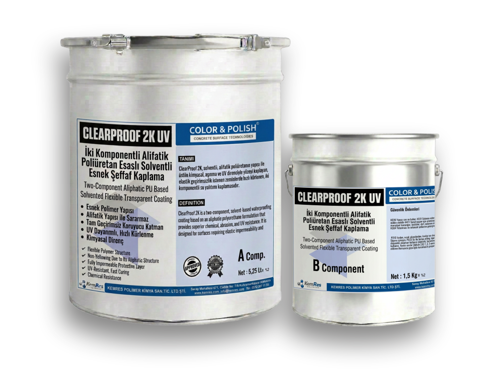 CLEAR PROOF 2K UV ŞEFFAF (TERAS) ESNEK İki Bileşenli UV Dayanımlı Şeffaf Poliüretan Su Yalıtım Kaplaması/ Kg - 6,75